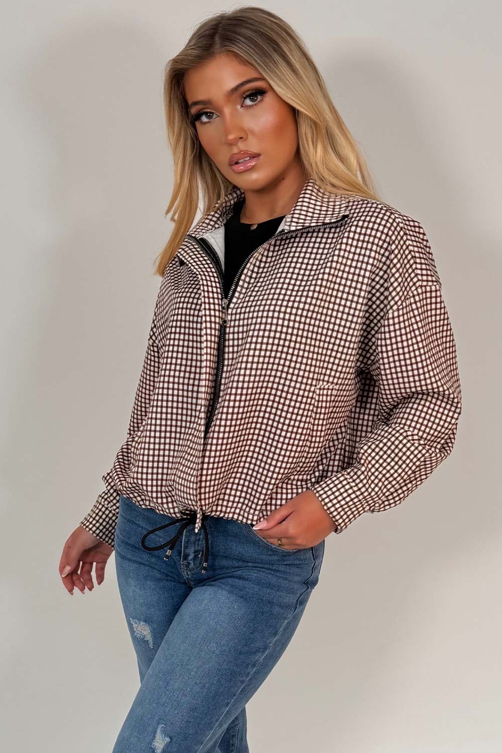 womens stradivarius checked jacket with drawstring hem sale styledup uk