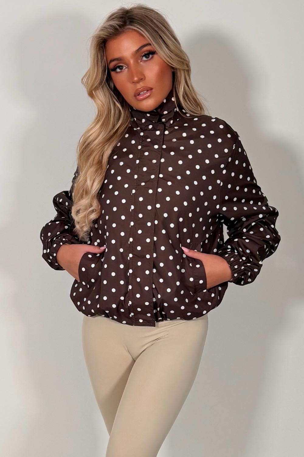 stradivarius polka dot technical jacket brown styledup uk