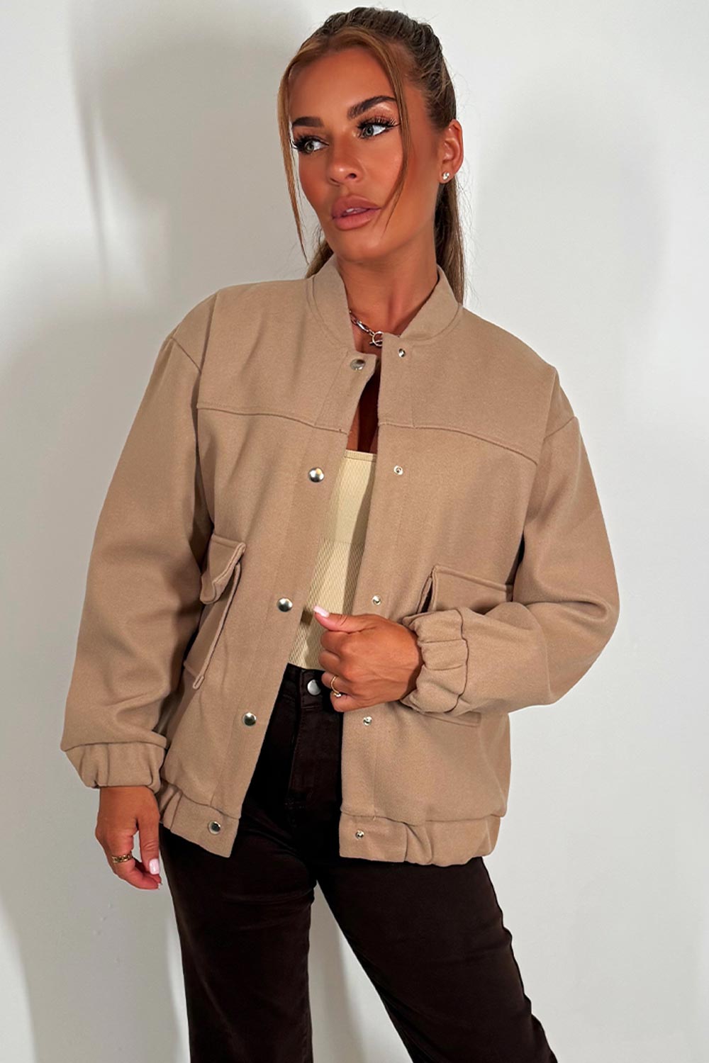 womens bomber jacket with long sleeves styledup