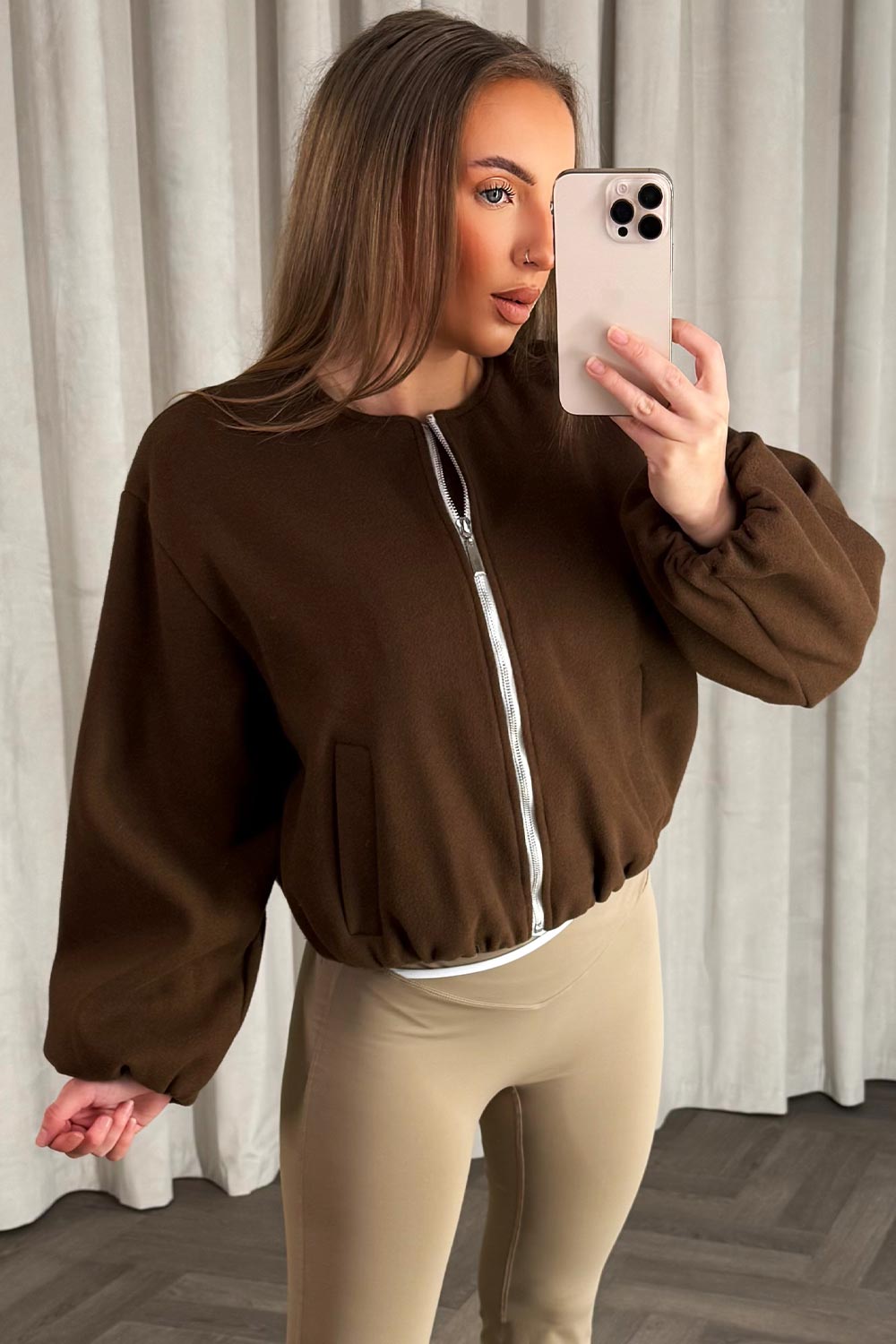 brown bomber jacket with zip and elasticated hem zara womens uk