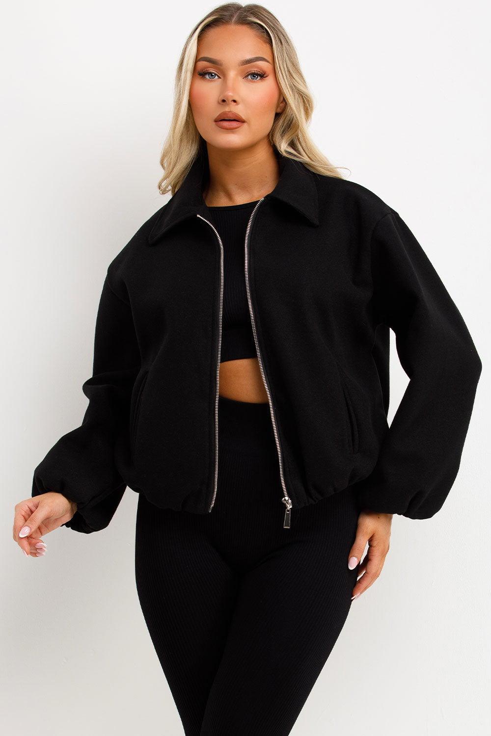 zara womens black puffed bomber jacket styledup