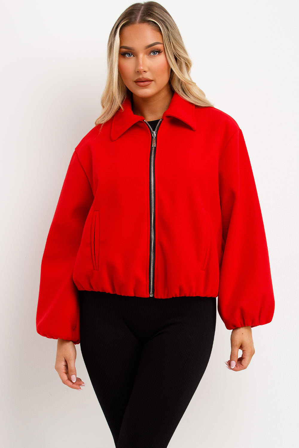 zara womens red bomber jacket with collar and double welt pockets zip up outerwear styledup