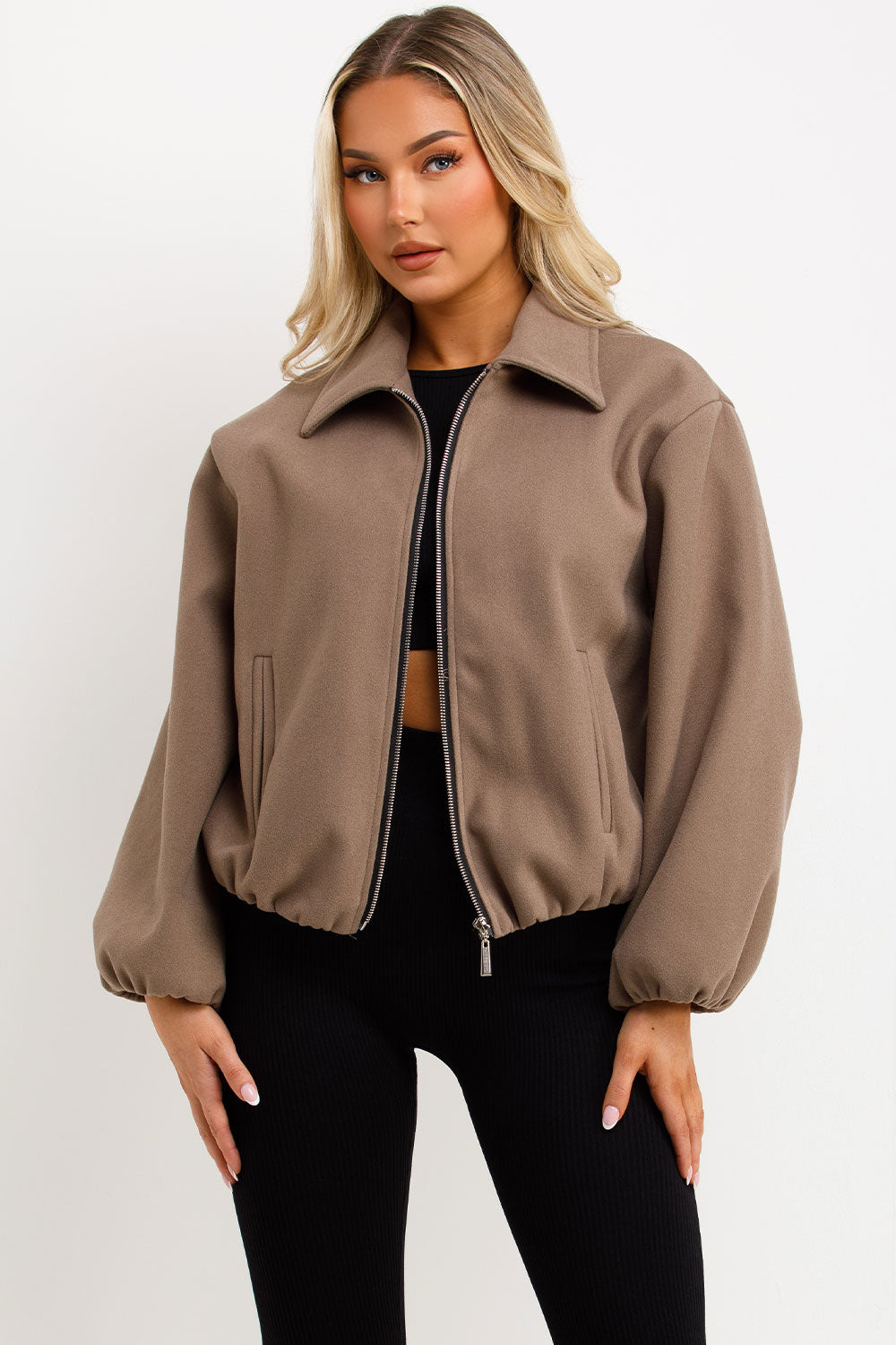 womens zara puffed bomber jacket with zip up front pockets