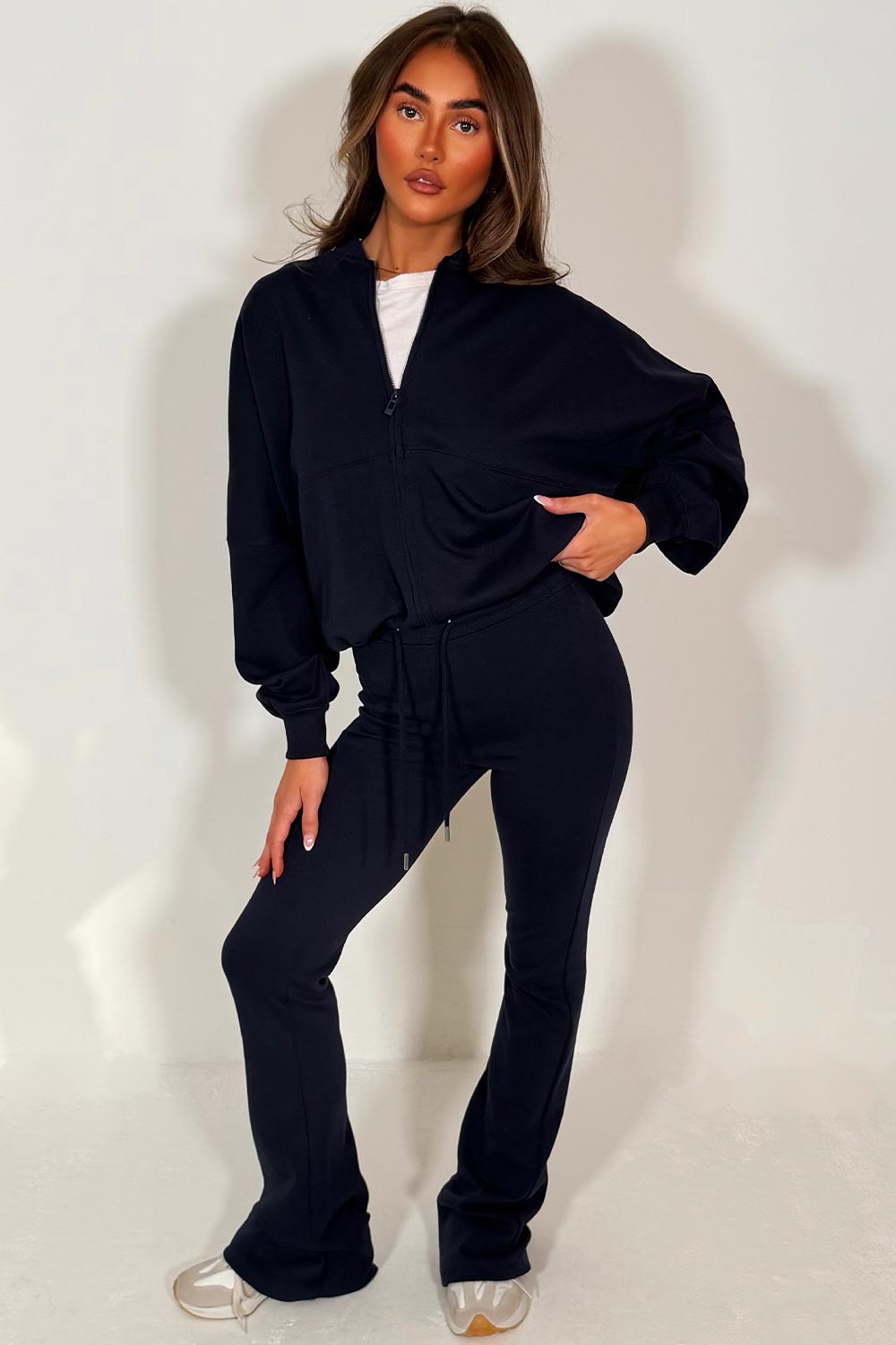interlock bomber sweatshirt and bell bottom trousers two piece loungewear set zara womens uk