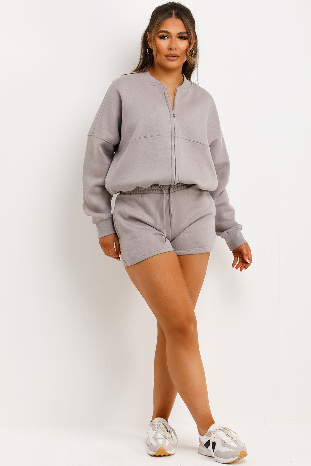 womens short tracksuit bomber jacket and shorts lounge set airport outfit