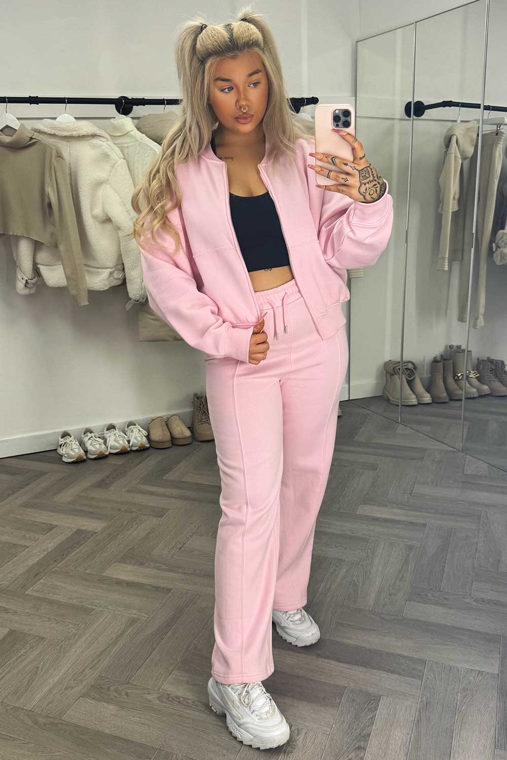 womens bomber sweatshirt with zip and straight leg joggers tracksuit set loungewear co ord