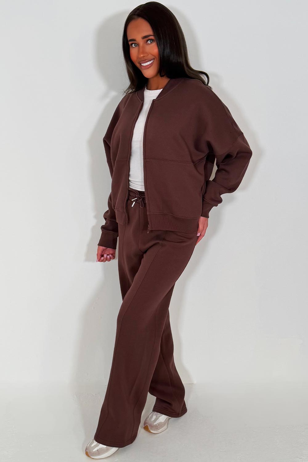 womens brown zara bomber sweatshirt and straight leg joggers loungewear set