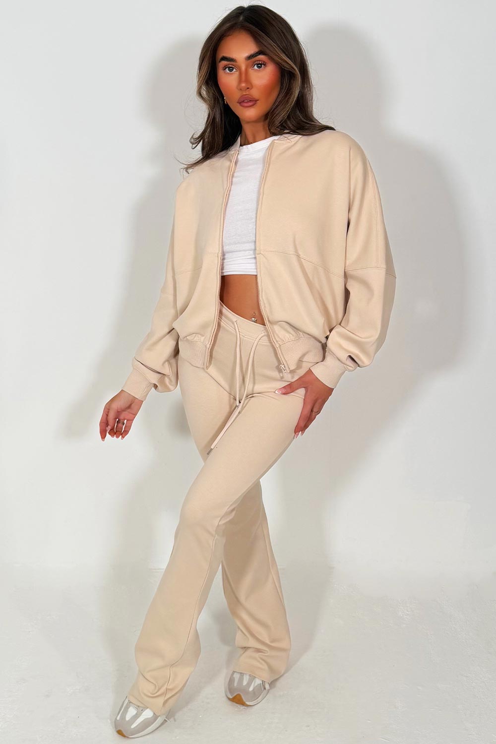 interlock bomber sweatshirt and bell bottom trousers two piece loungewear set zara womens uk