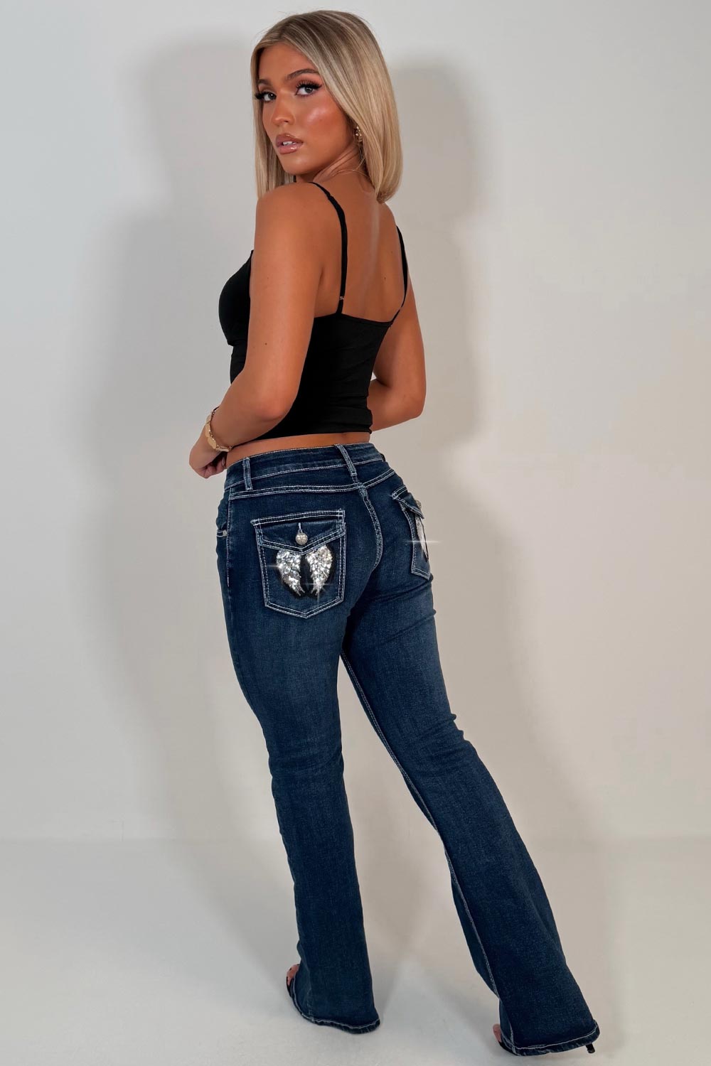 womens boot cut flared leg diamante sequin wings jeans styledup uk