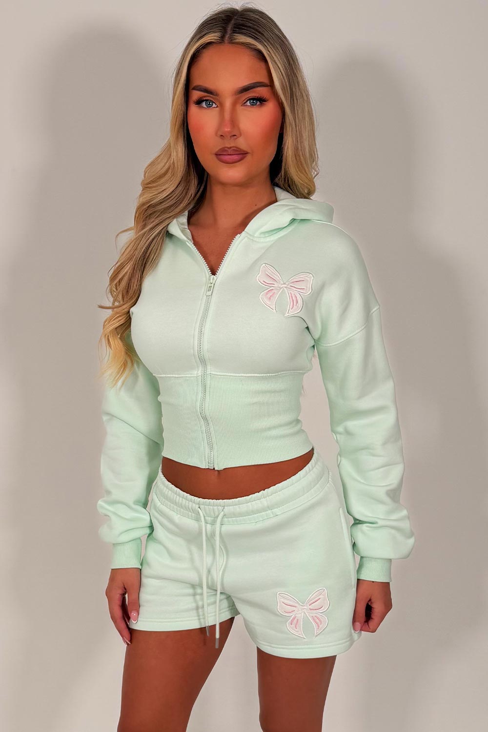 womens bow detail crop corset hoodie and shorts co ord set airport summer holiday outfit set uk