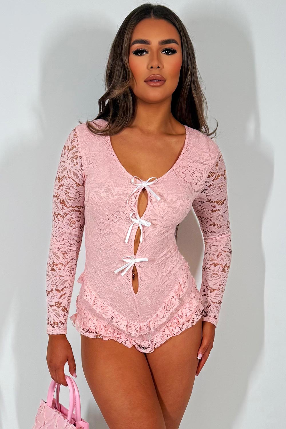 bow front cut out bloomer ruffle frilly long sleeve lace playsuit