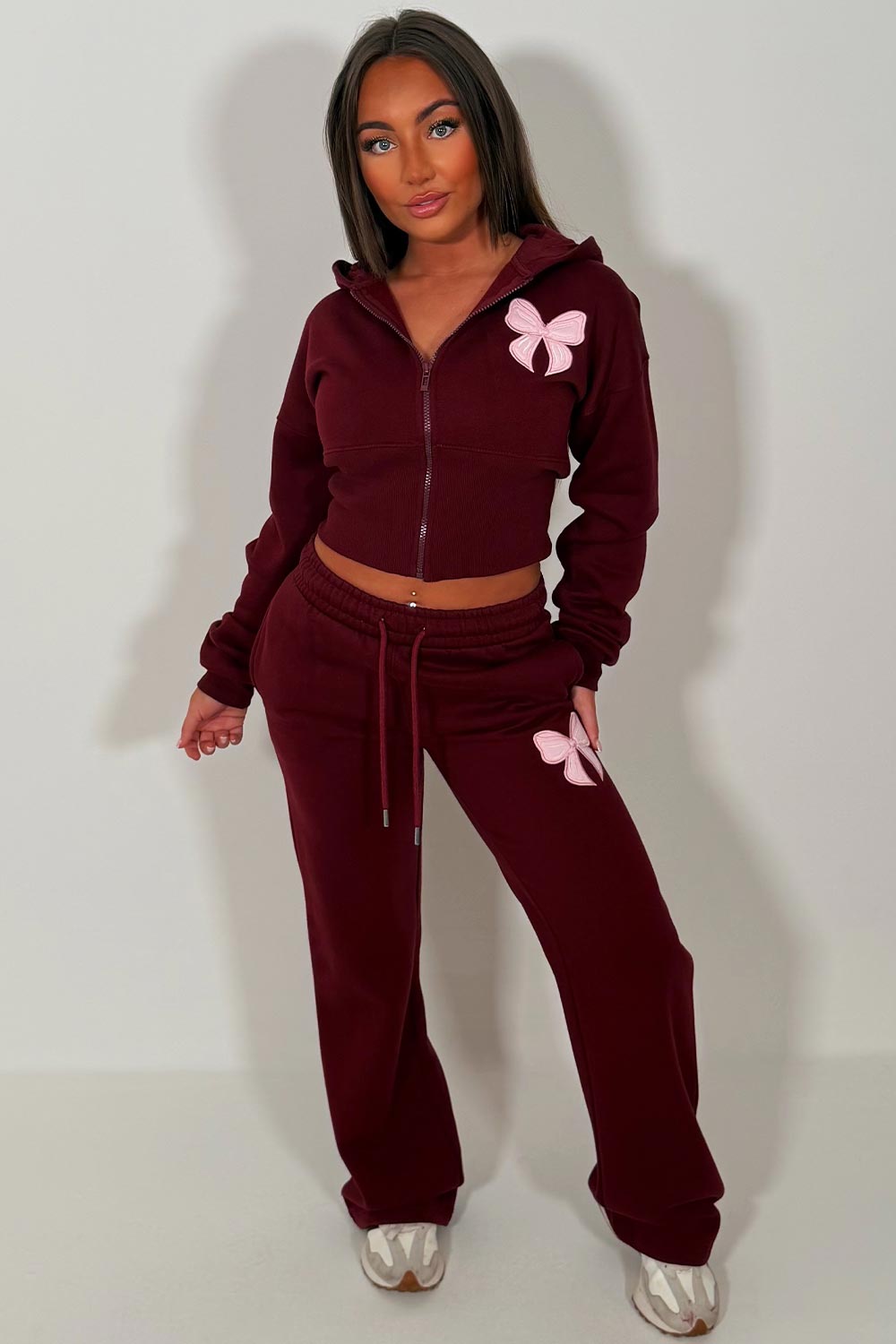 womens joggers and crop corset hoodie tracksuit set two piece with contrast bow embroidery airport outfit uk zara