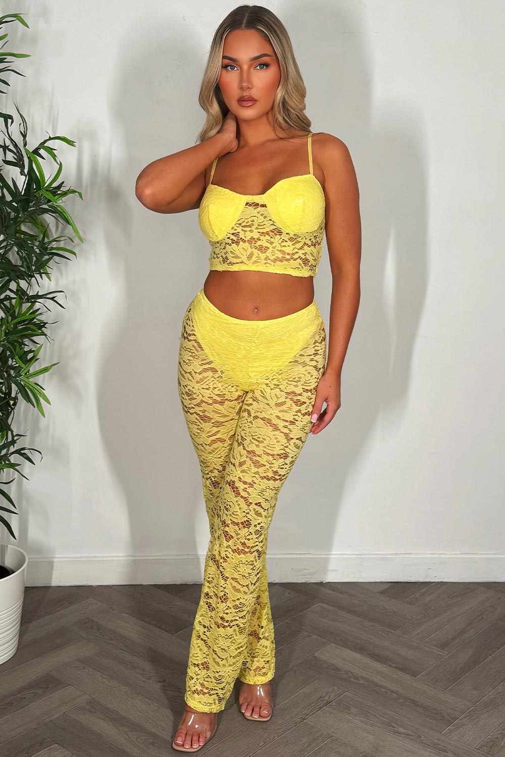 yellow lace top and trousers two piece festival outfit set