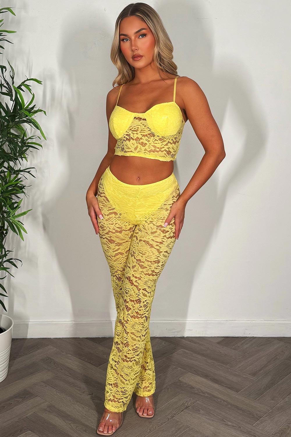 high waist flared lace trousers and top co ord set yellow