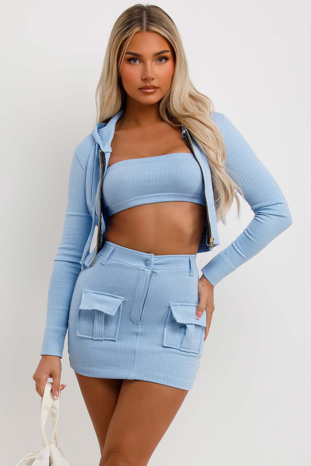 cargo skirt crop hoodie and bandeau top three piece matching set festival summer holiday outfit