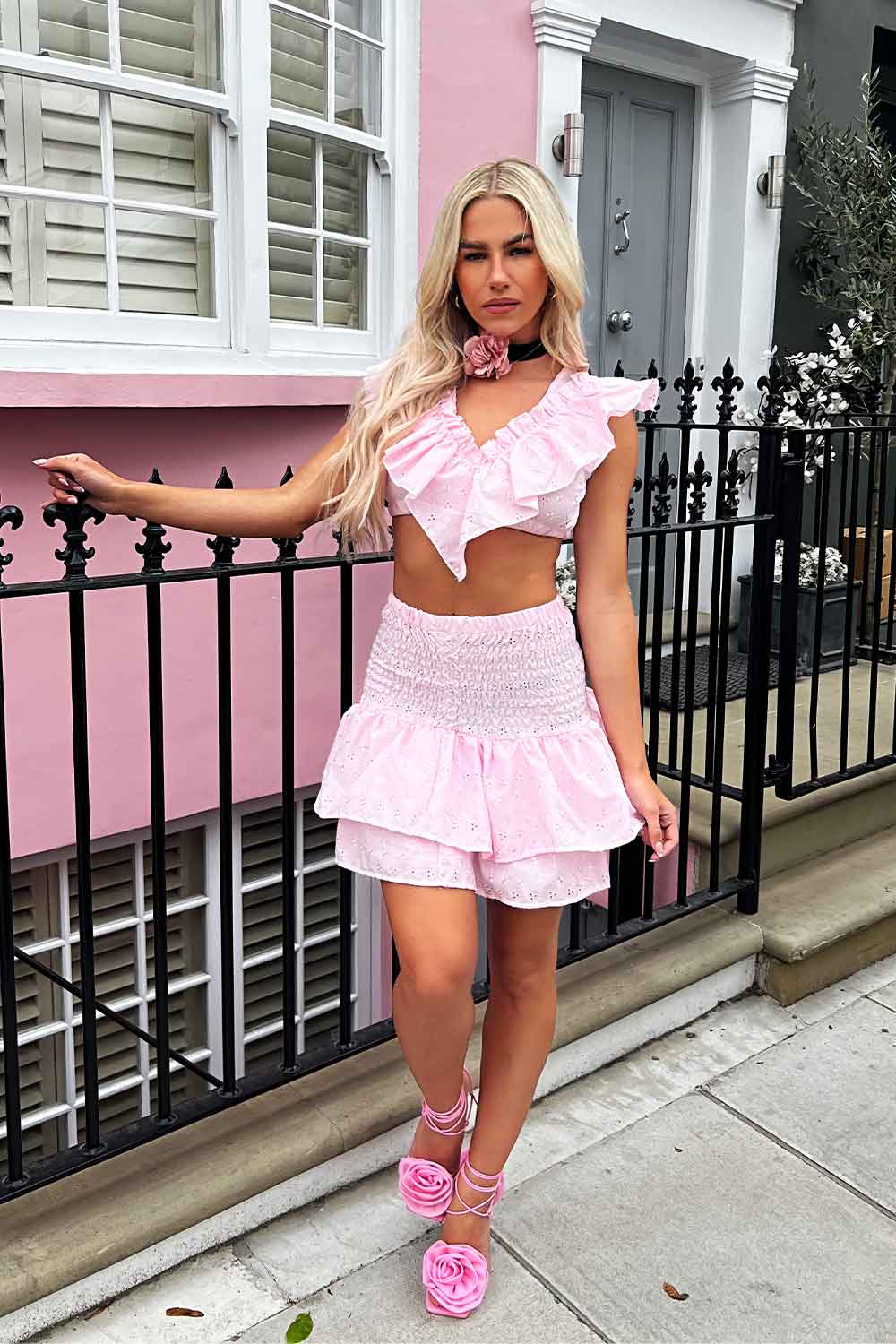 pink frilly ruffle rara mini skirt and crop top co ord set uk