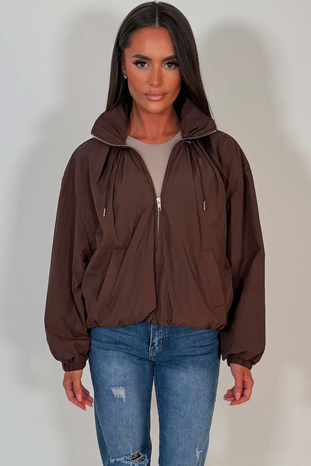 brown funnel neck jacket with cinched waist womens uk