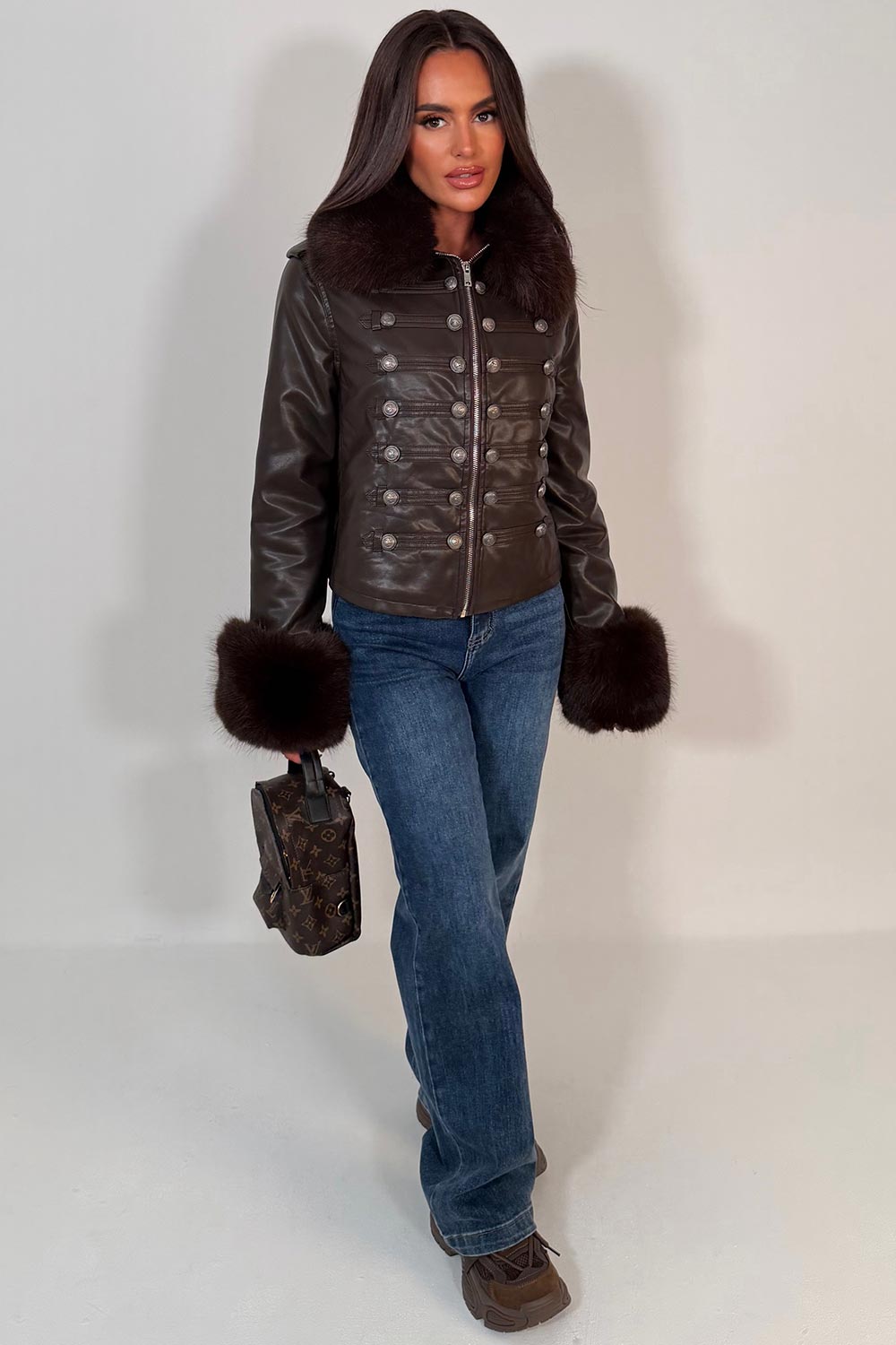 zara womens faux leather military jacket with fur cuff and collar styledup uk