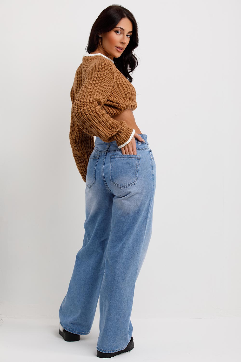 knitted long sleeve crop jumper with contrast edge