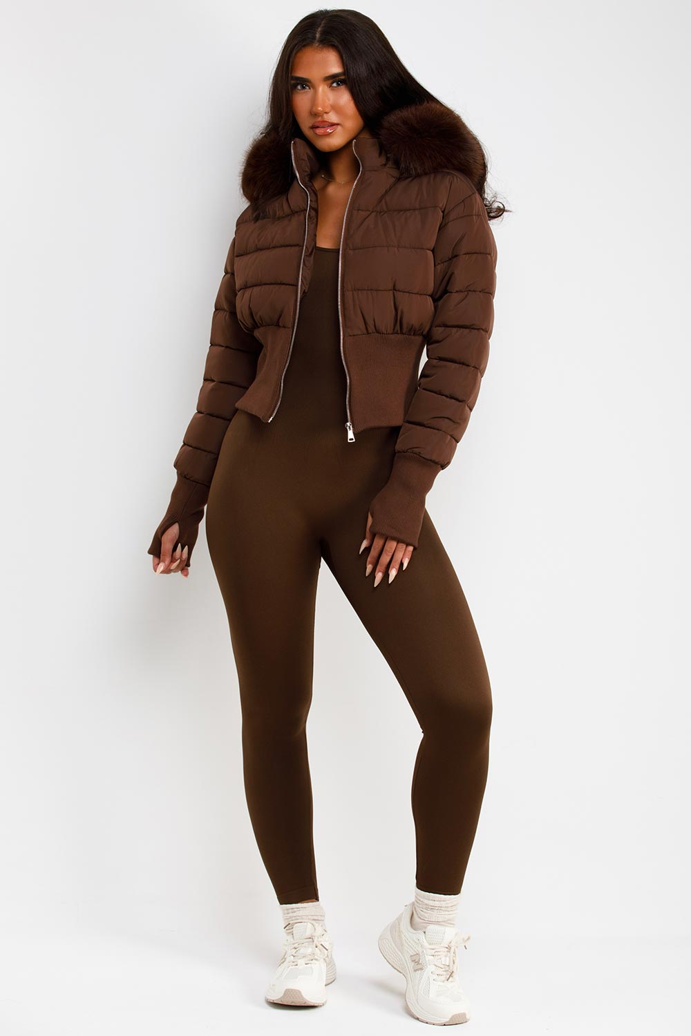 womens brown padded puffer ski jacket with fur hood styledup uk