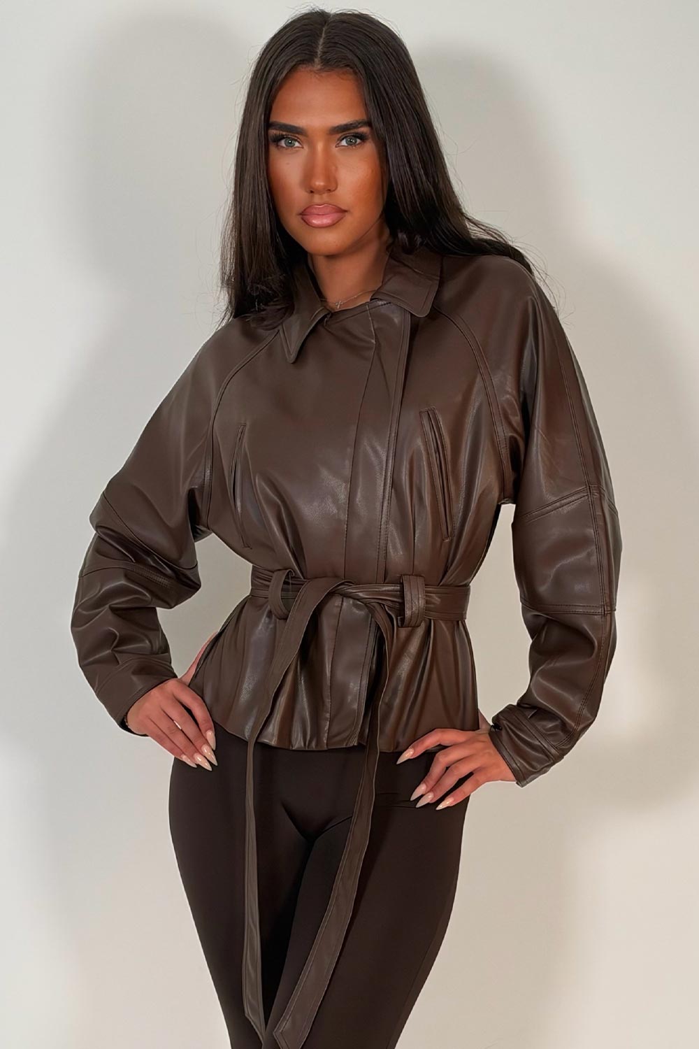womens faux leather jacket with lapel collar for winter styledup uk