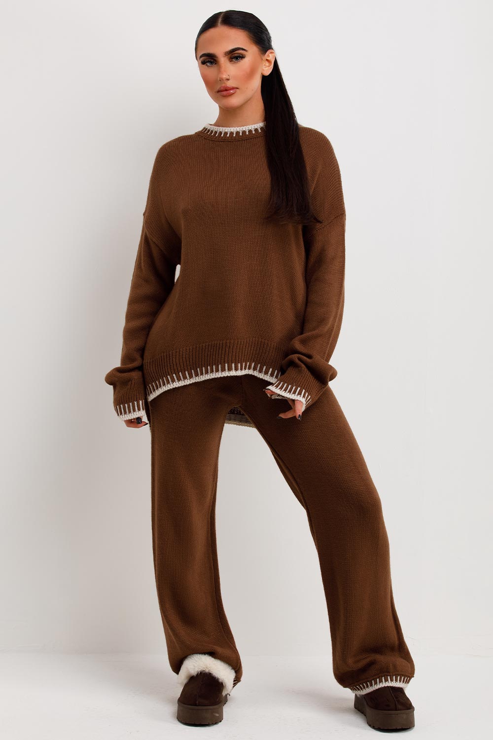 knitted loungewear set with blanket stitching detail