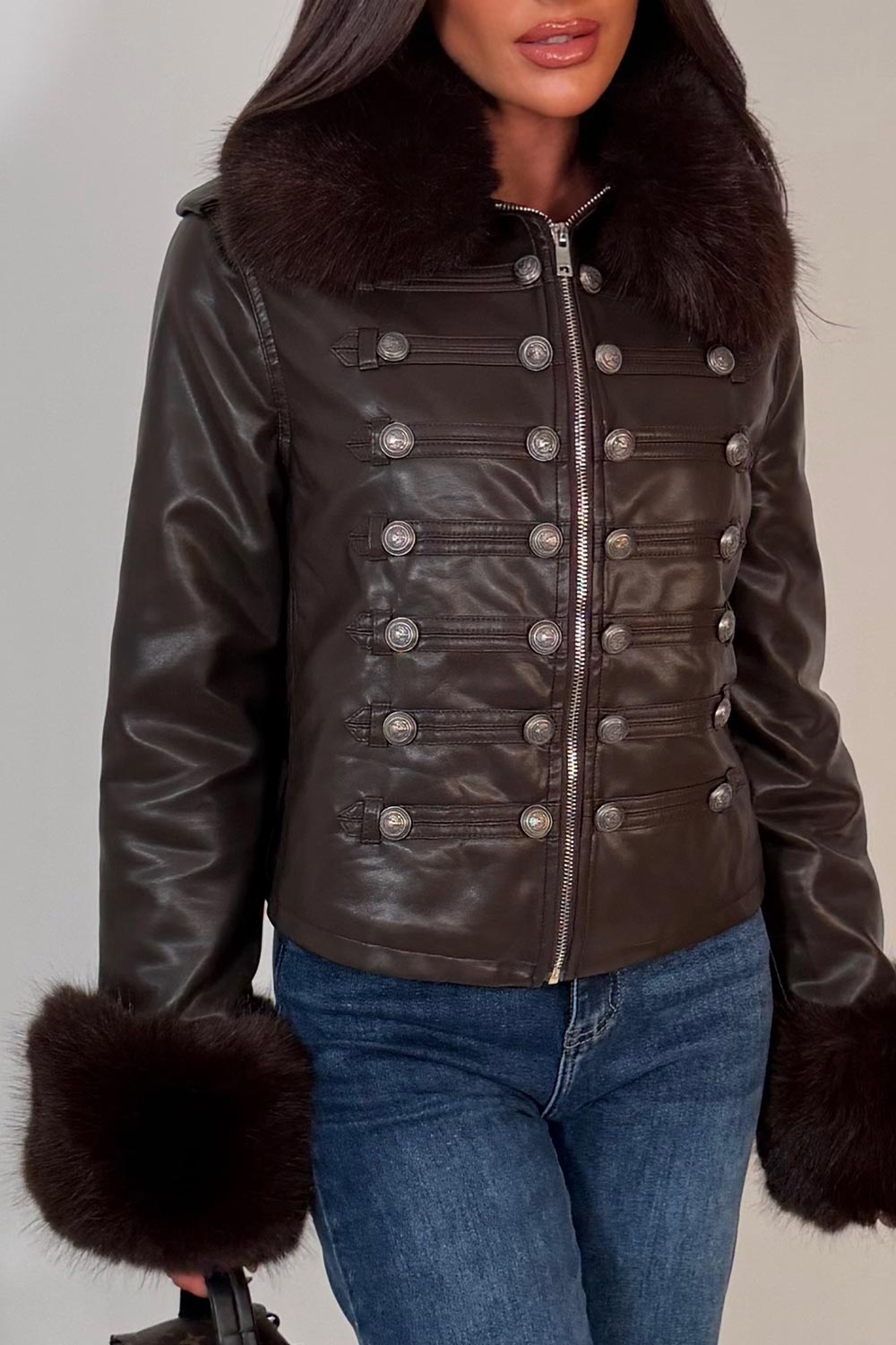 zara womens military style faux leather jacket with fur cuff and collar styledup uk
