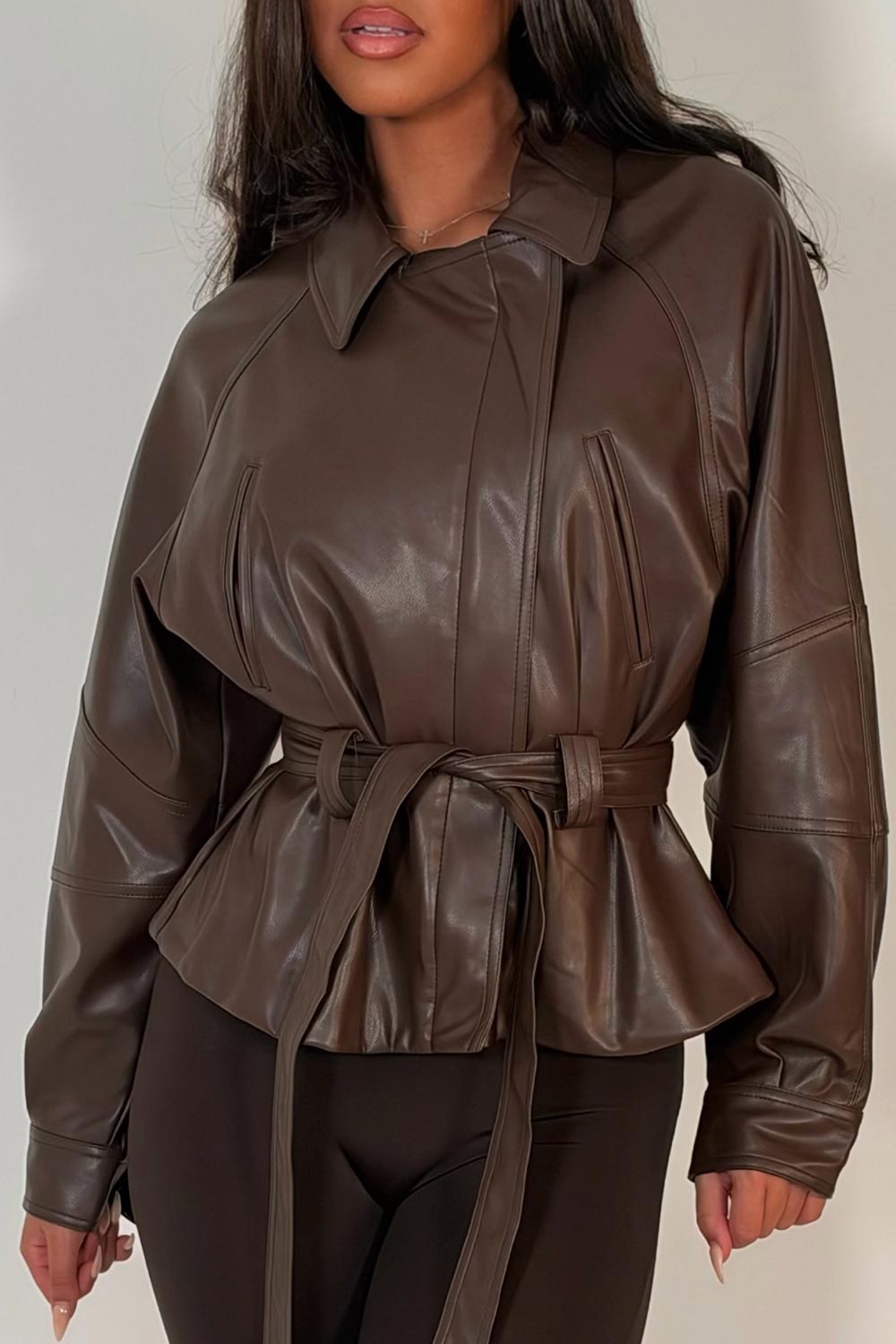 womens brown faux leather jacket with lapel collar for winter styledup uk