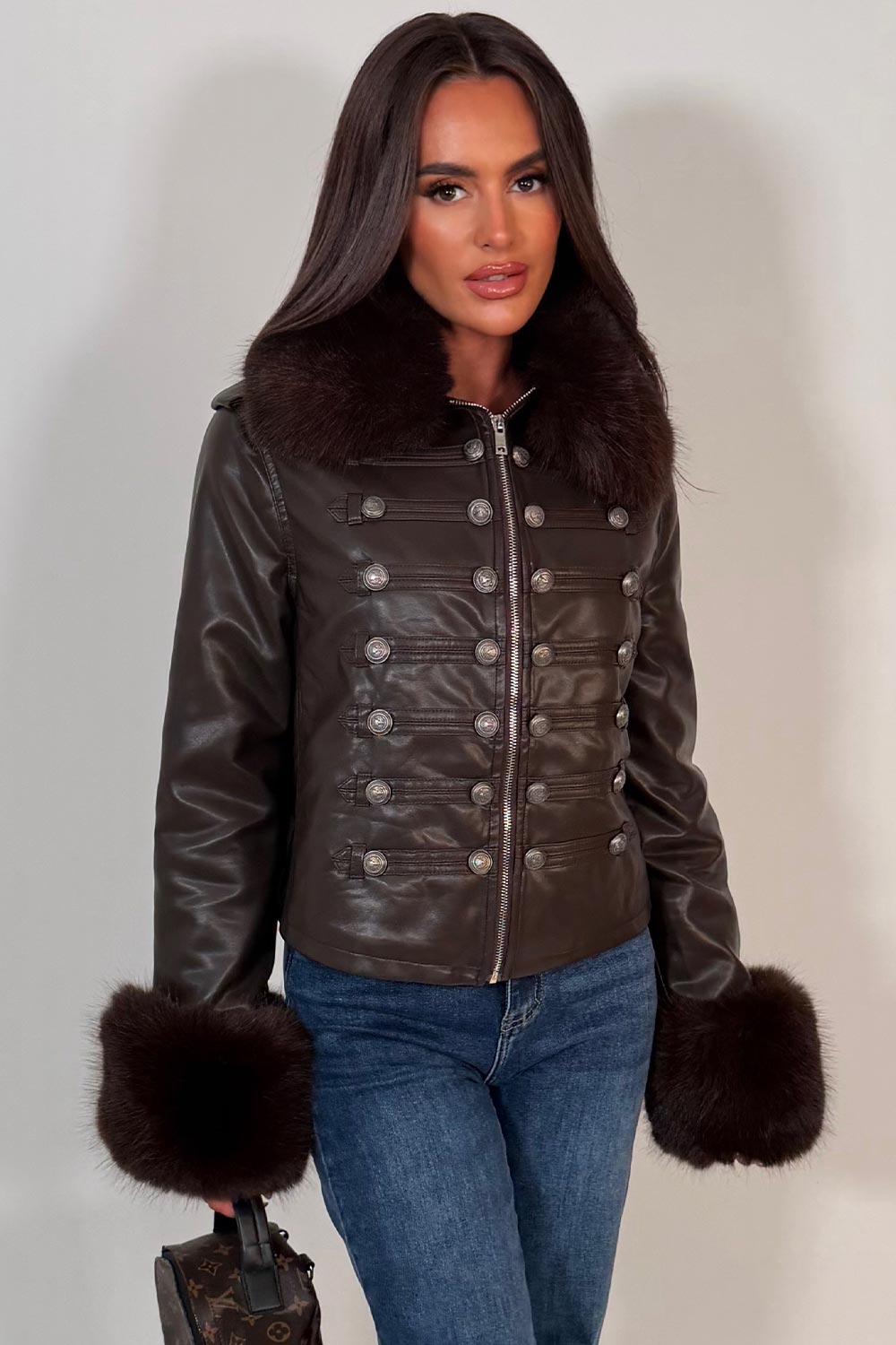 faux fur cuff faux fur collar faux leather jacket with military style buttons styledup uk