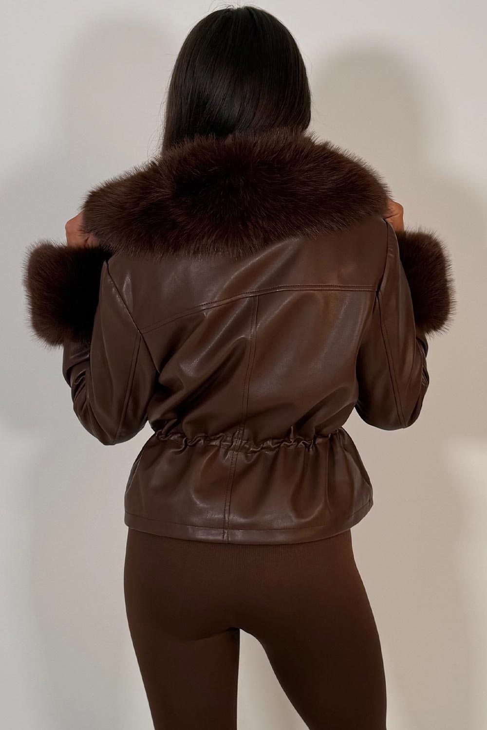 faux fur cuff faux fur collar leather lookjacket with adjustable drawstring waist winter outerwear trendy coats and jackets for womens styledup uk