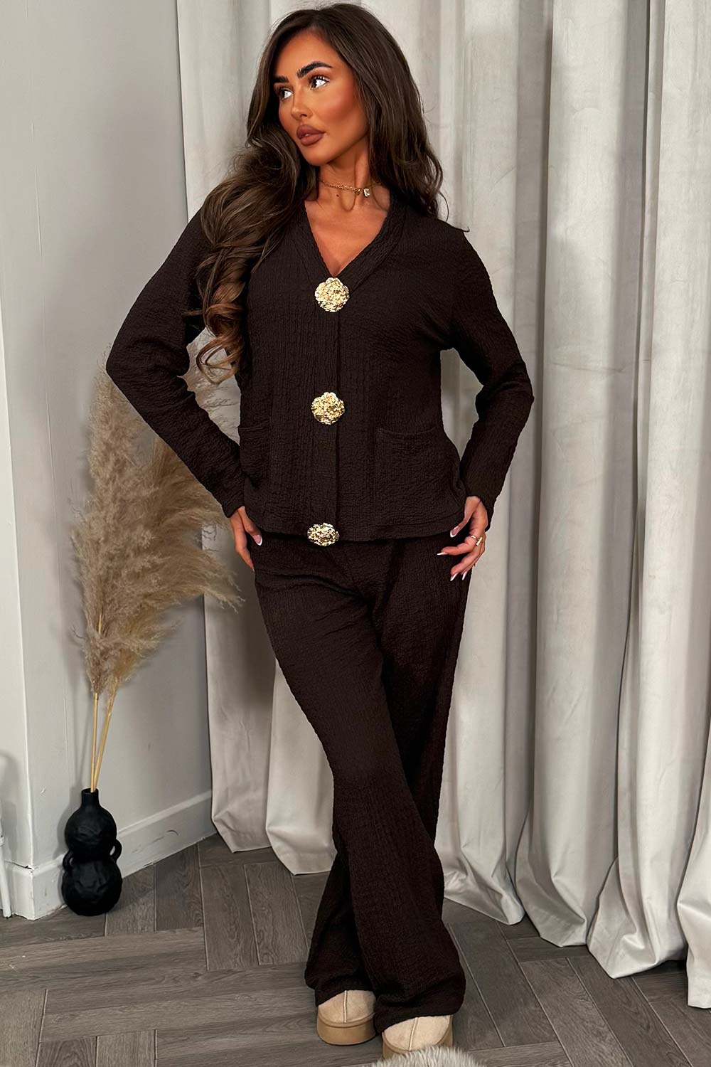 long sleeve gold button top with pockets and matching trousers two piece co ord set christmas outfit uk