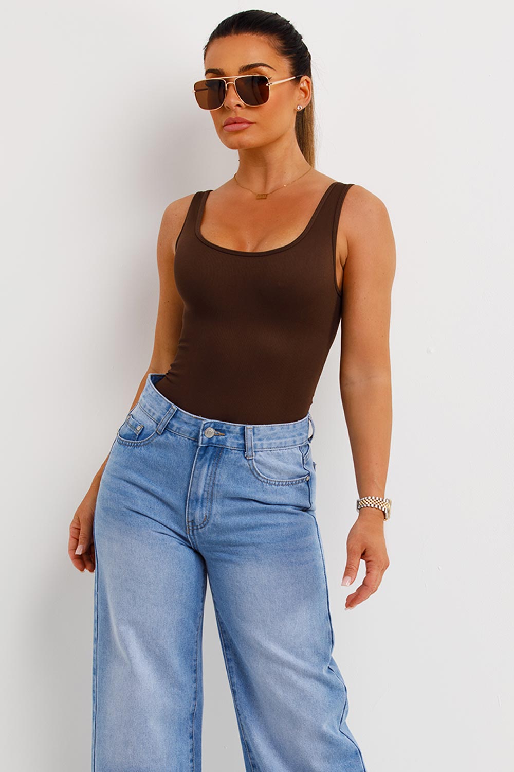 brown ribbed contour bodysuit top