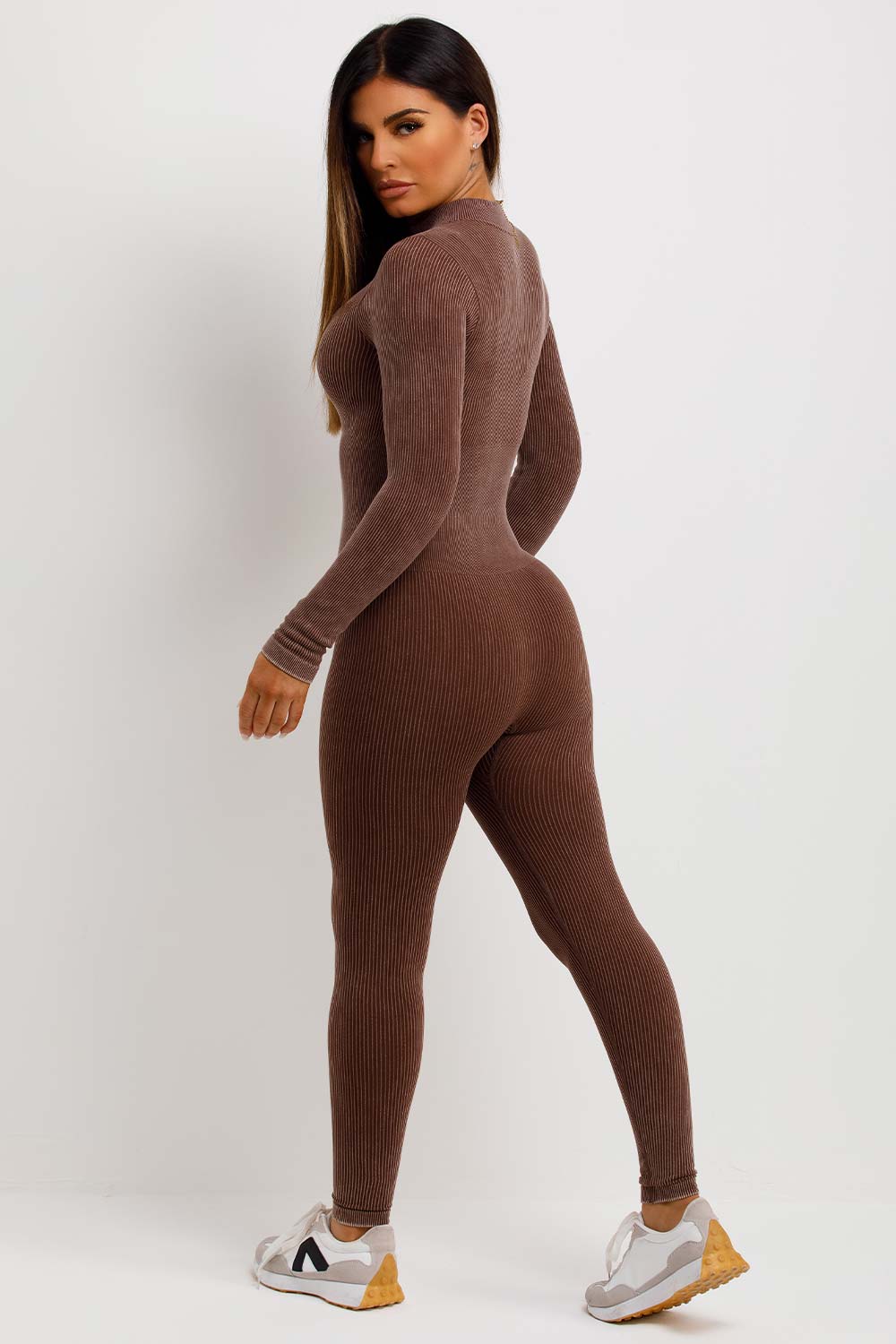 long sleeve zip front jumpsuit structured contour unitard