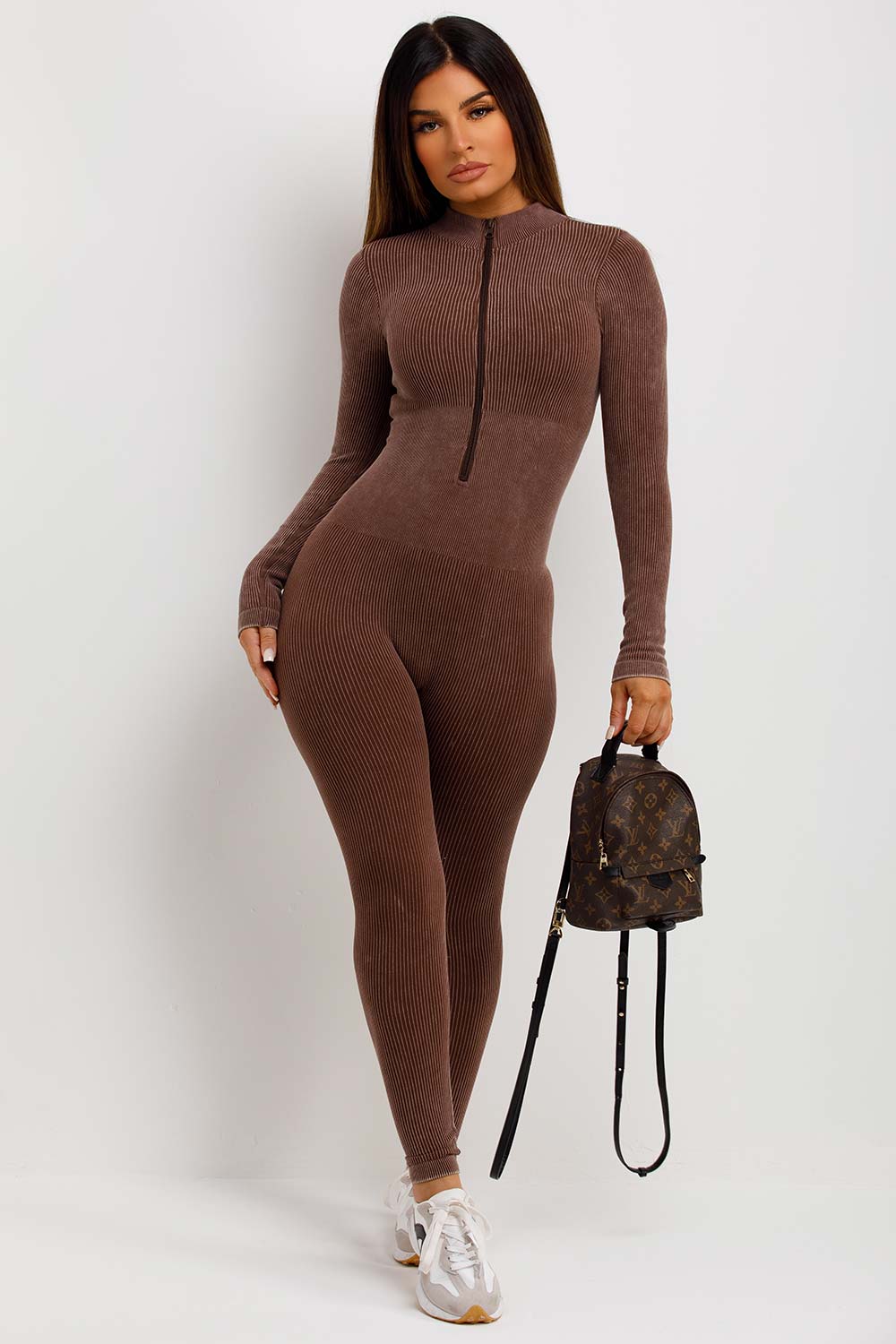 zip front long sleeve rib jumpsuit structured contour unitard