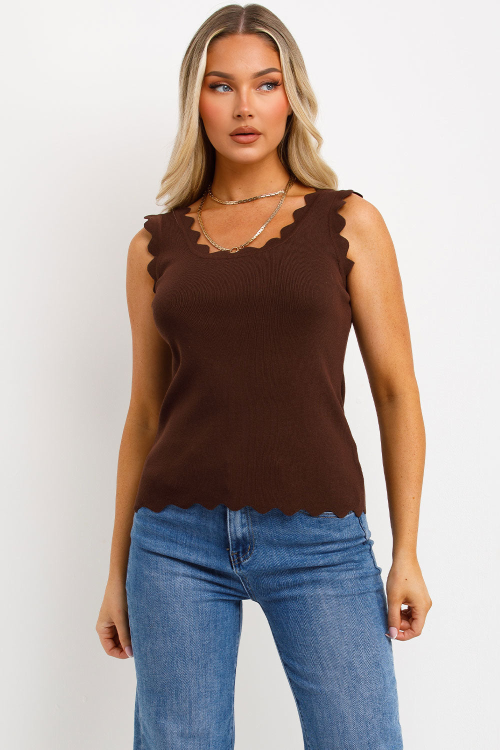 knitted vest top for womens with scalloped neck