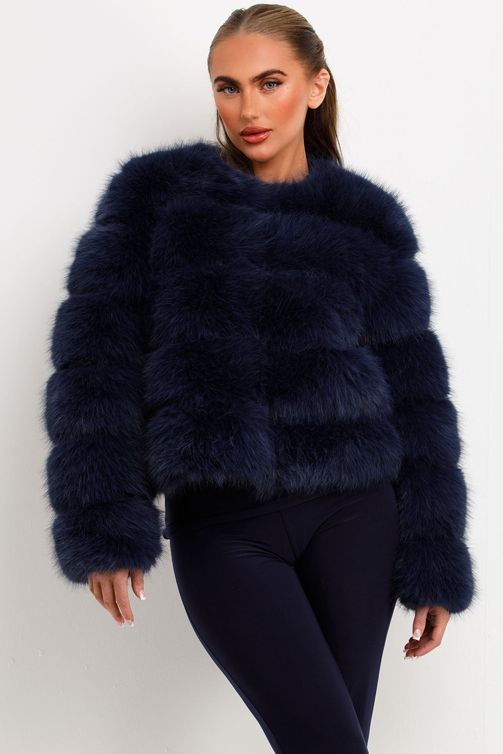 womens navy faux fur bubble jacket uk