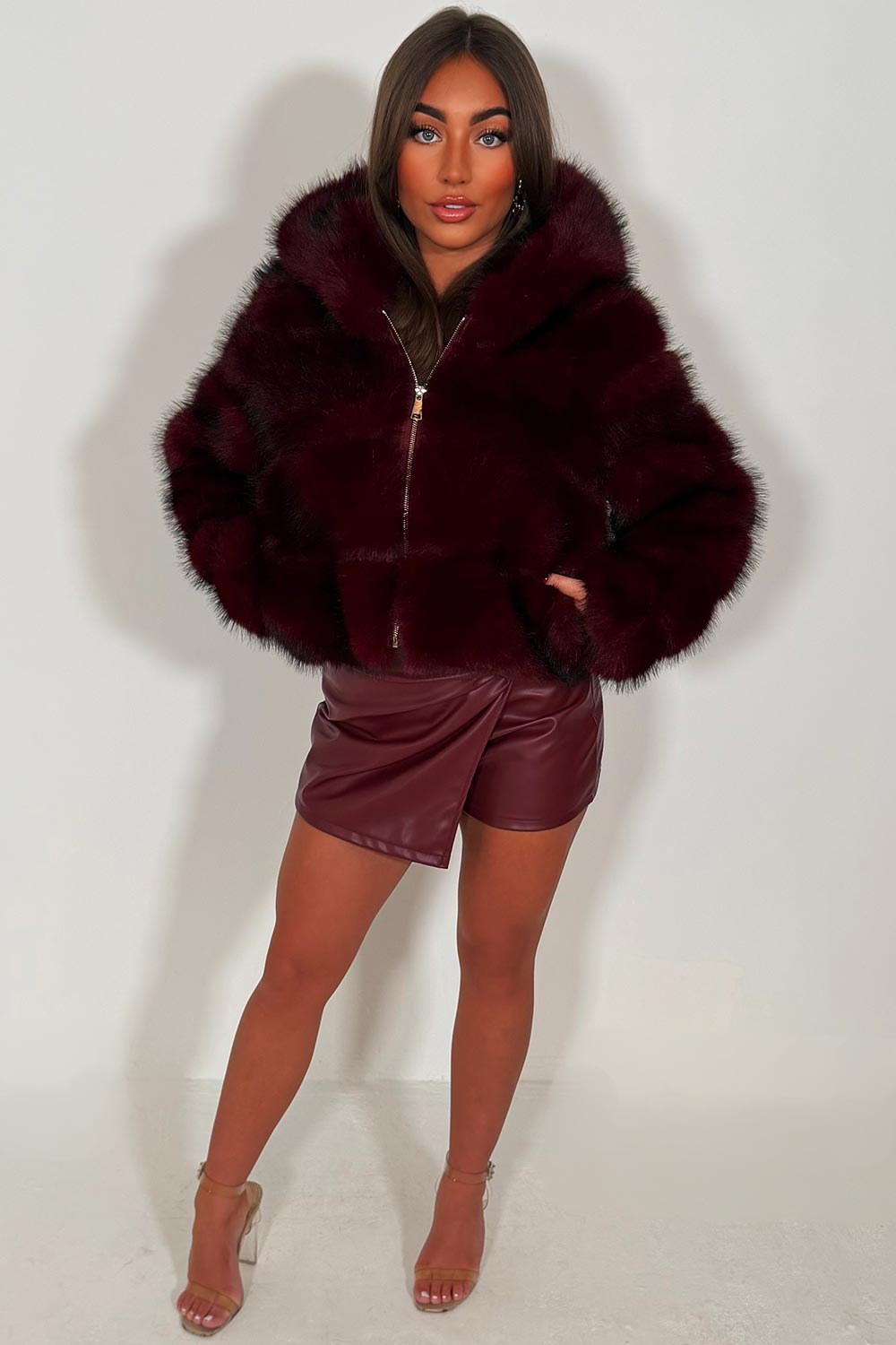 burgundy hooded faux fur bubble coat womens