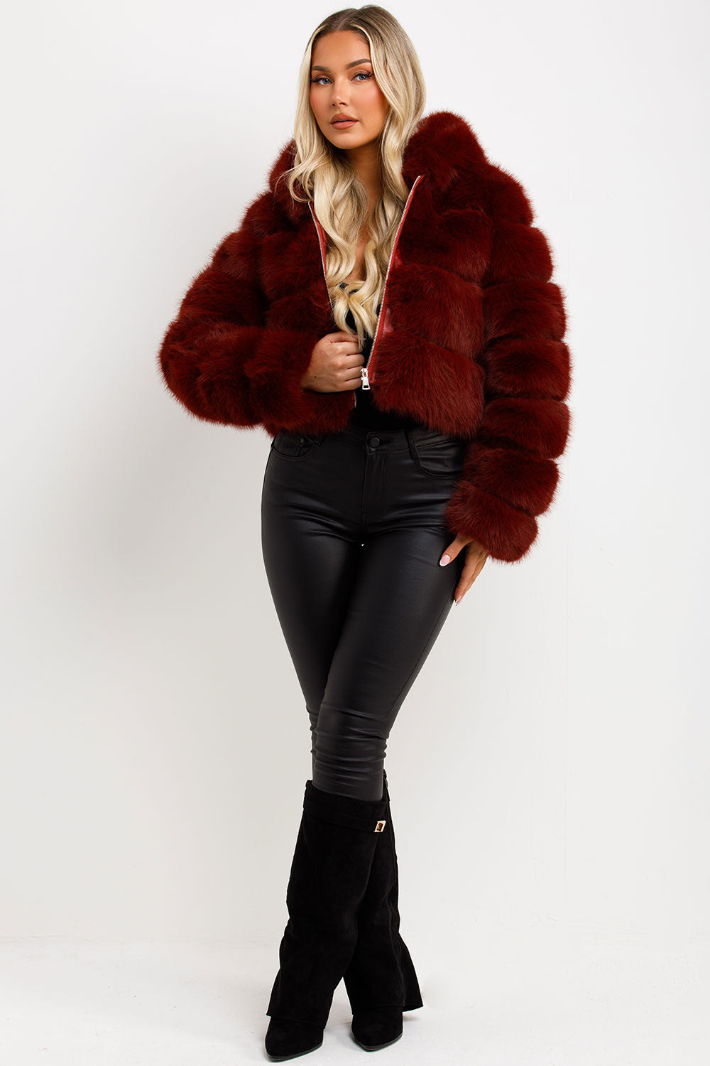 womens short faux fur coat with hood big fur styledup fashion