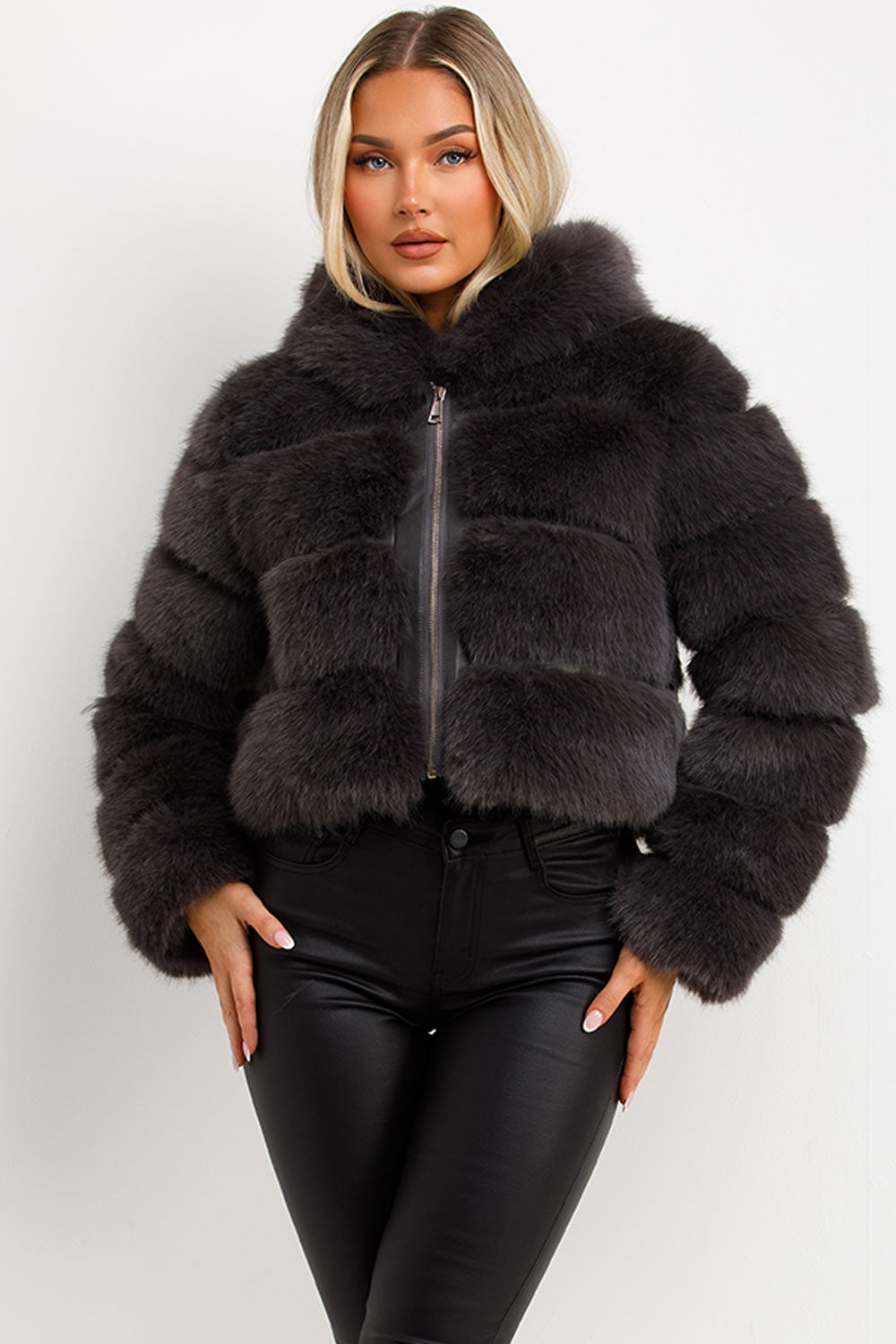womens short faux fur coat with hood big fur styledup fashion