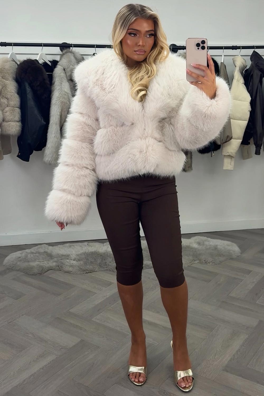 womens beige faux fur bubble coat for winter sale uk