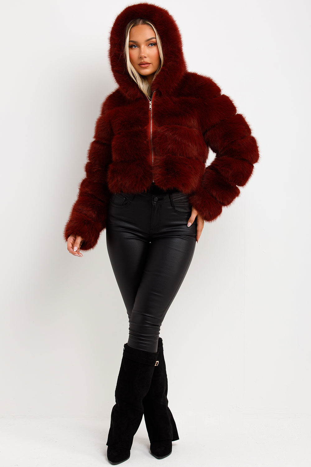 womens faux fur short hooded coat sale uk