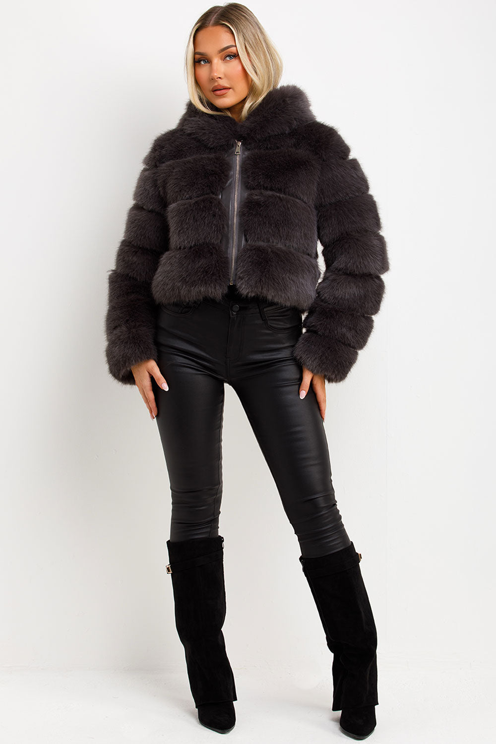 womens faux fur short hooded coat sale uk