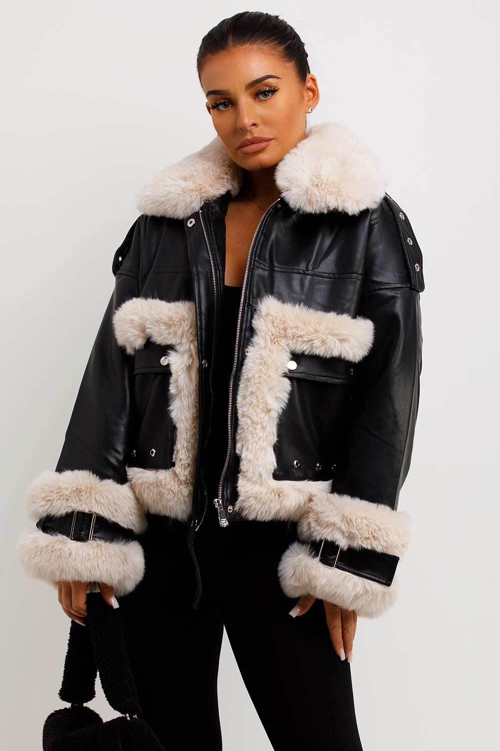 zara womens faux leather jacket with fur trim