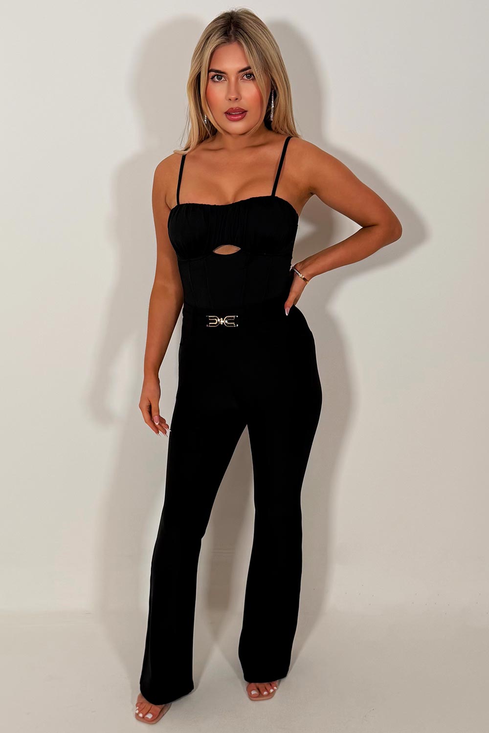 womens black flared trouser with gold buckle styledup work trousers for womens