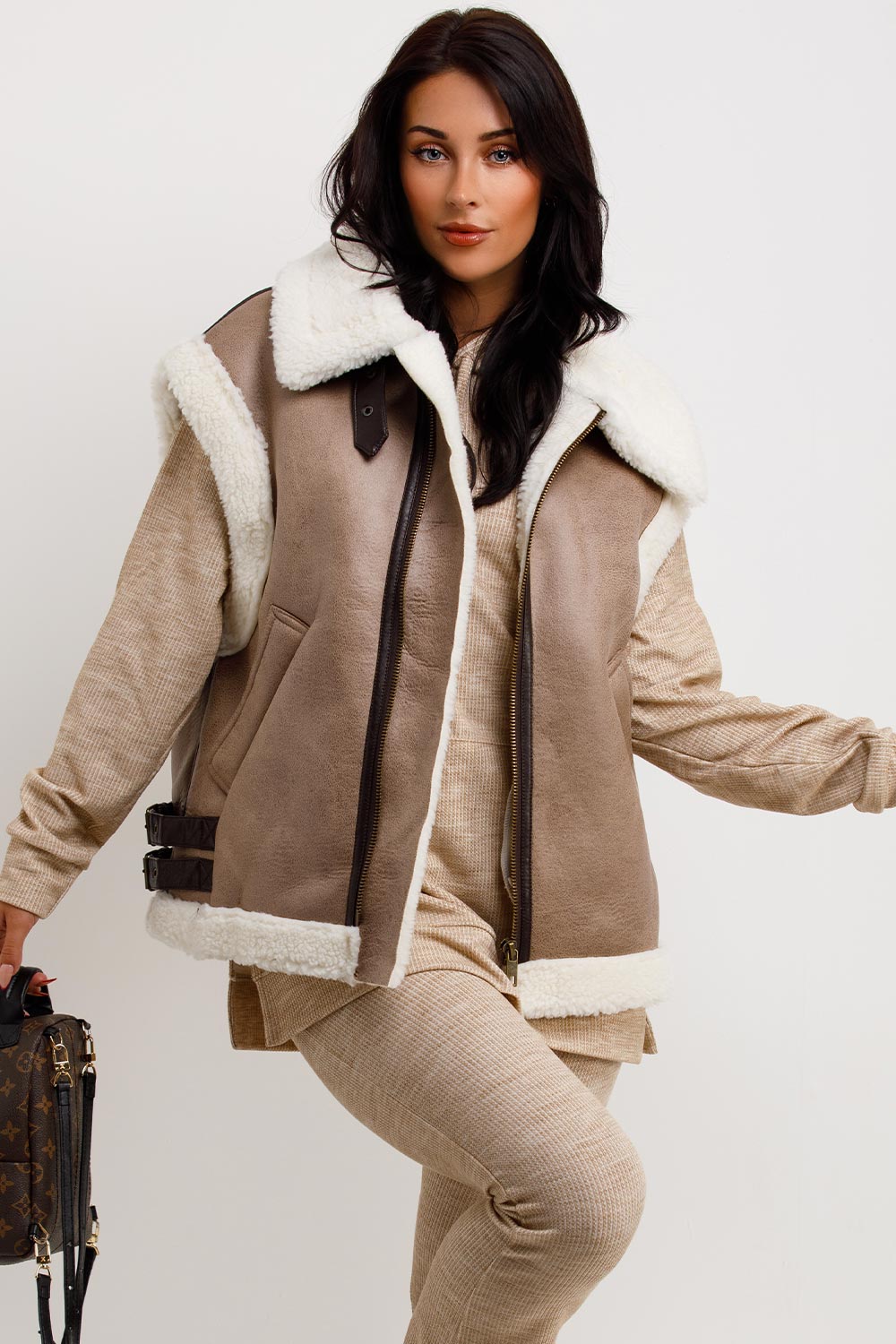 womens aviator gilet faux leather faux shearling