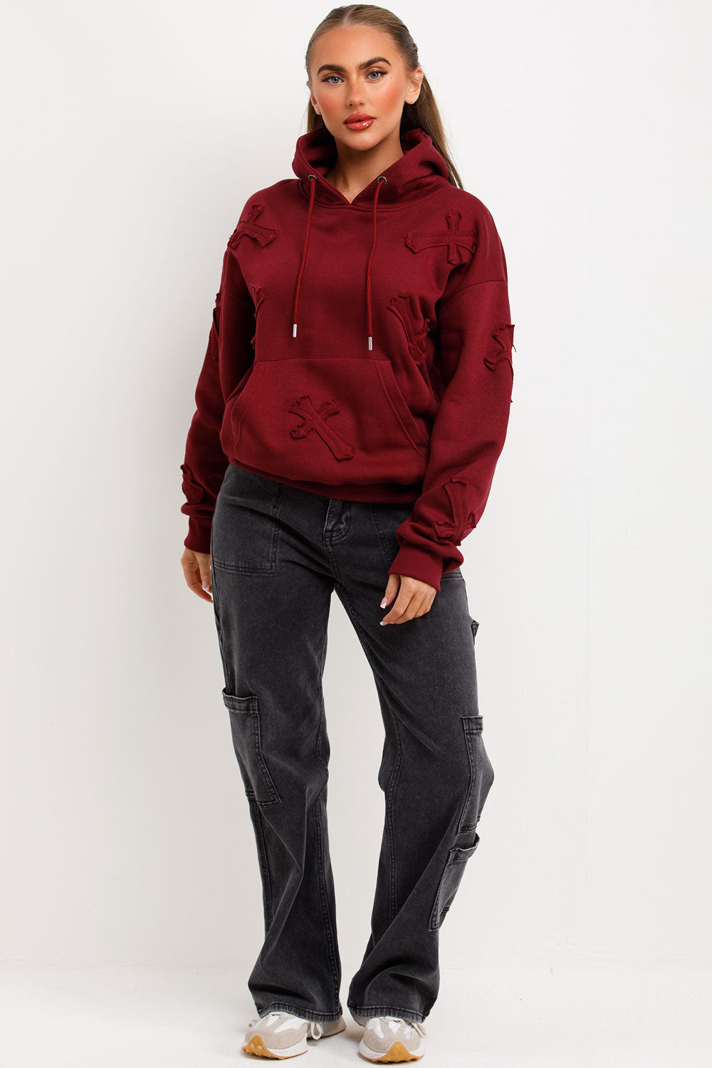 cross applique hoodie with kangaroo pockets styledup