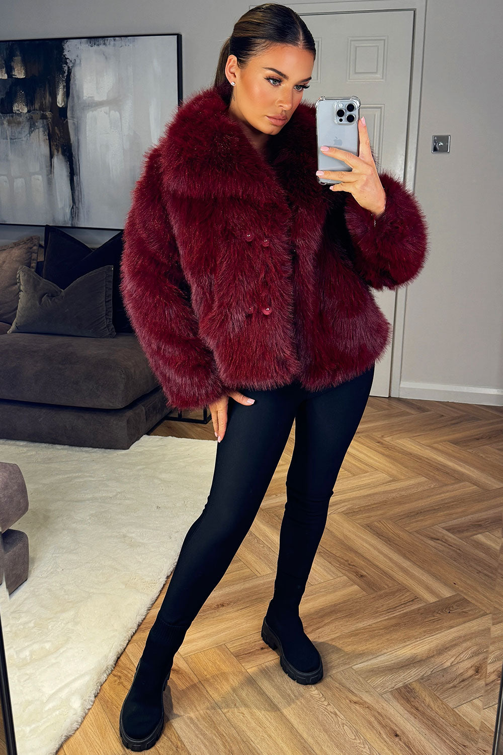 womens faux fur jacket river island burgundy red