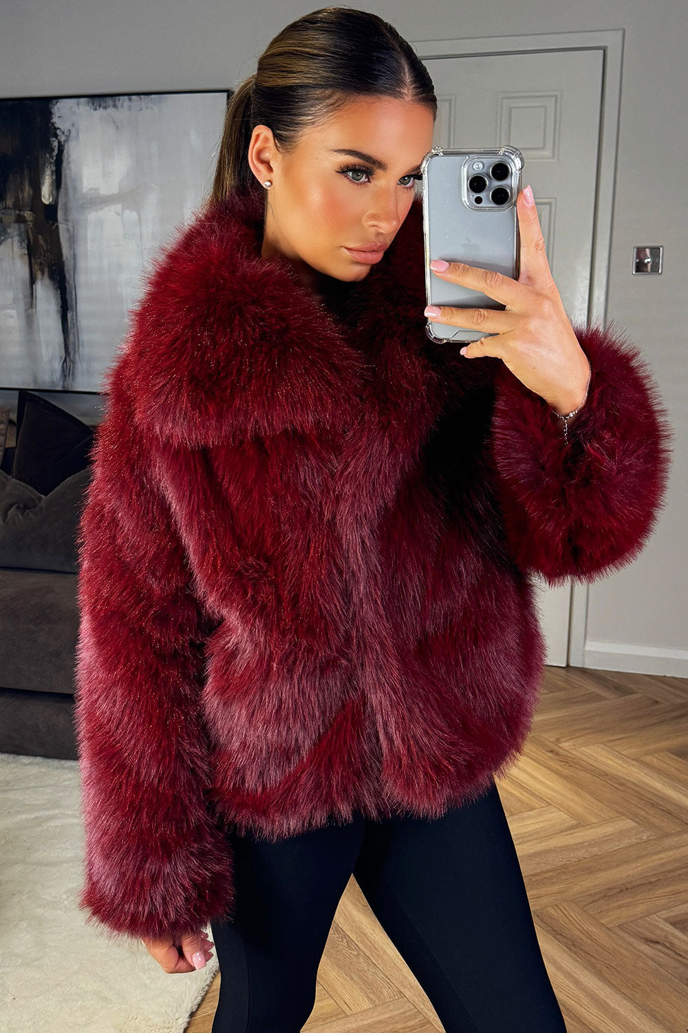 womens river island short faux fur plush jacket styled up burgundy