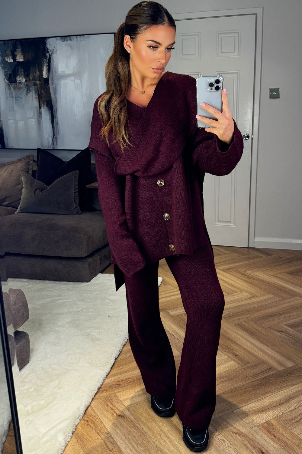 womens knitted loungewear co ord set burgundy