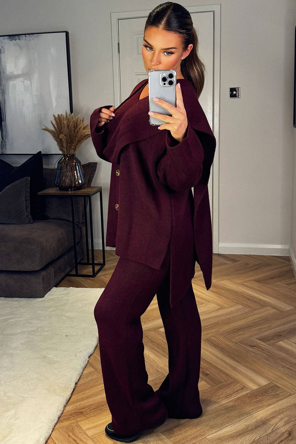 knitted trousers and oversized button front cardigan two piece loungewear set with scarf womens knitwear styledup